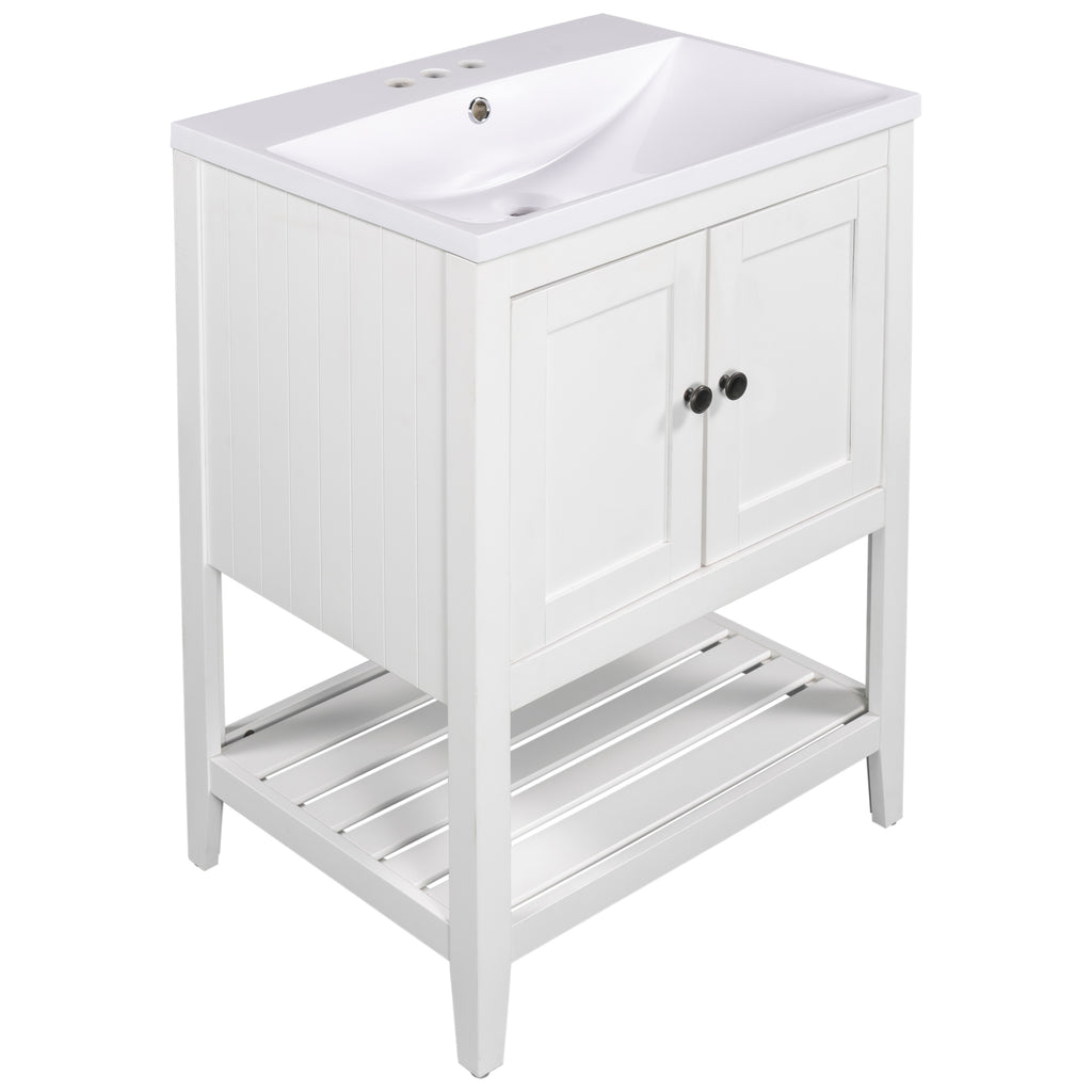 24" White Modern Sleek Bathroom Vanity Elegant Ceramic Sink with Solid Wood Frame Open Style Shelf