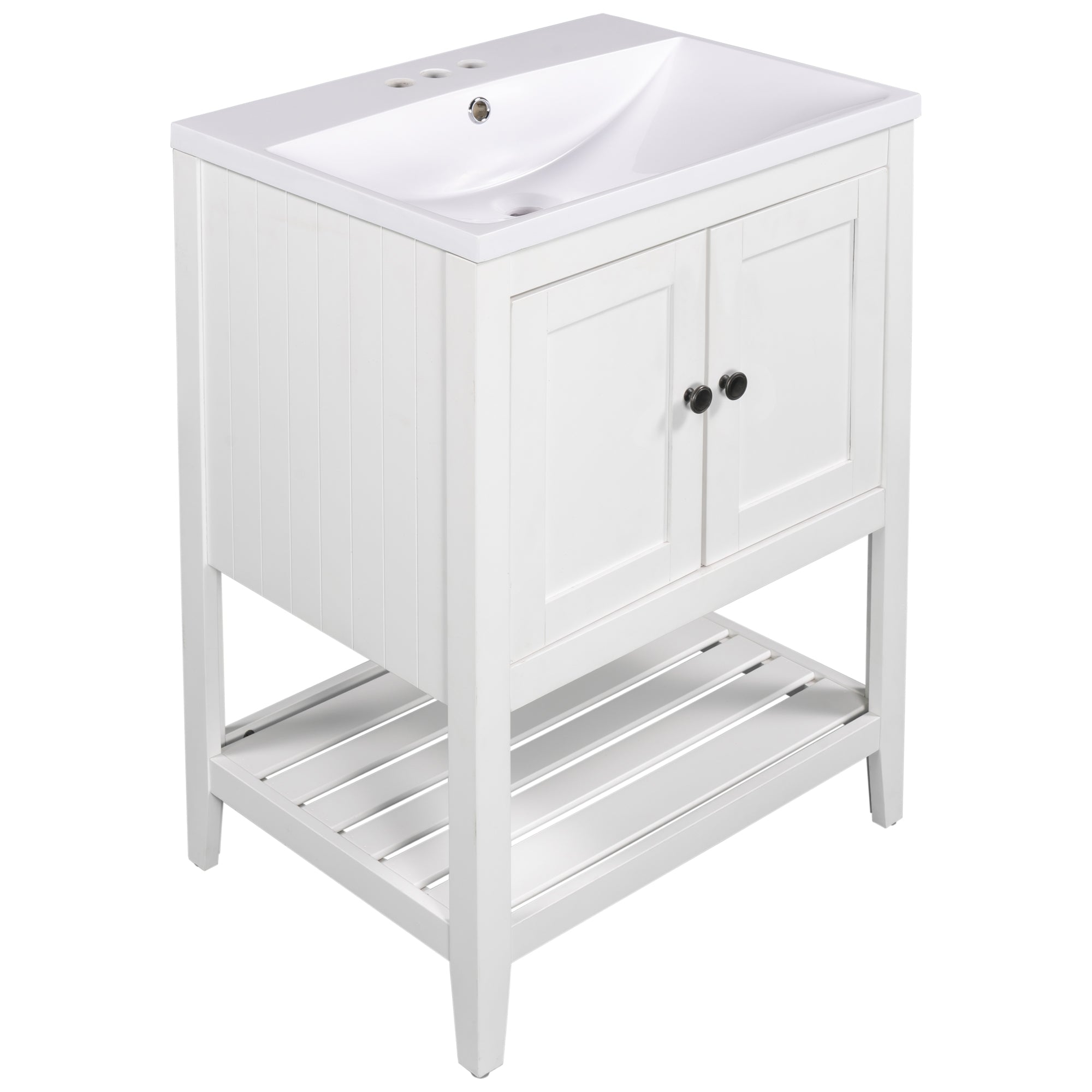 24" White Modern Sleek Bathroom Vanity Elegant Ceramic Sink with Solid Wood Frame Open Style Shelf