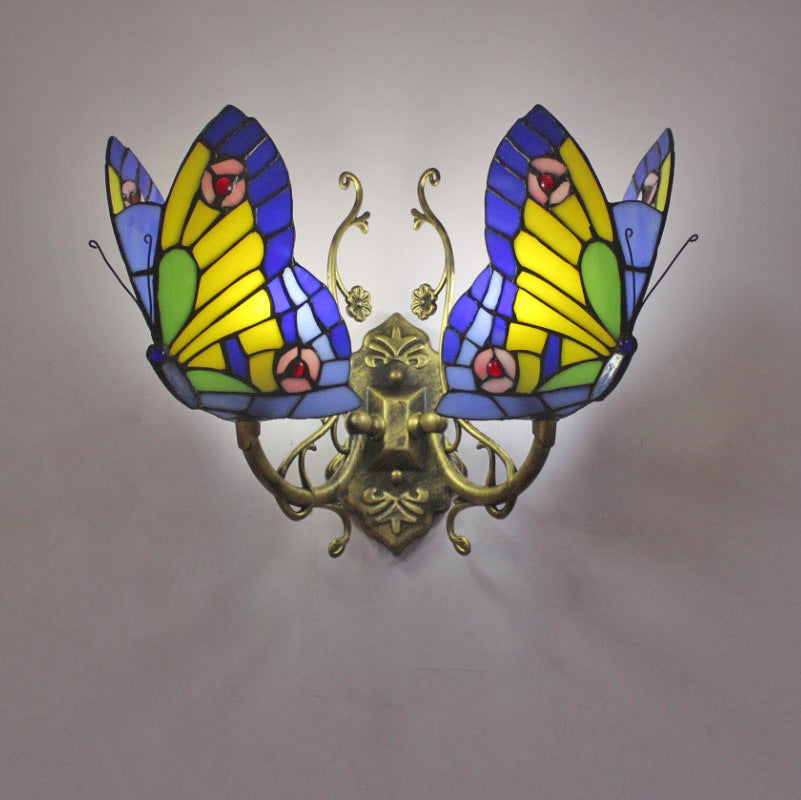European and American Style Butterfly Corridor Wall Lamp, Colorful Glass Creative Lighting, Bedroom Bedside Corridor, European Countryside Bar Wall Lamp
