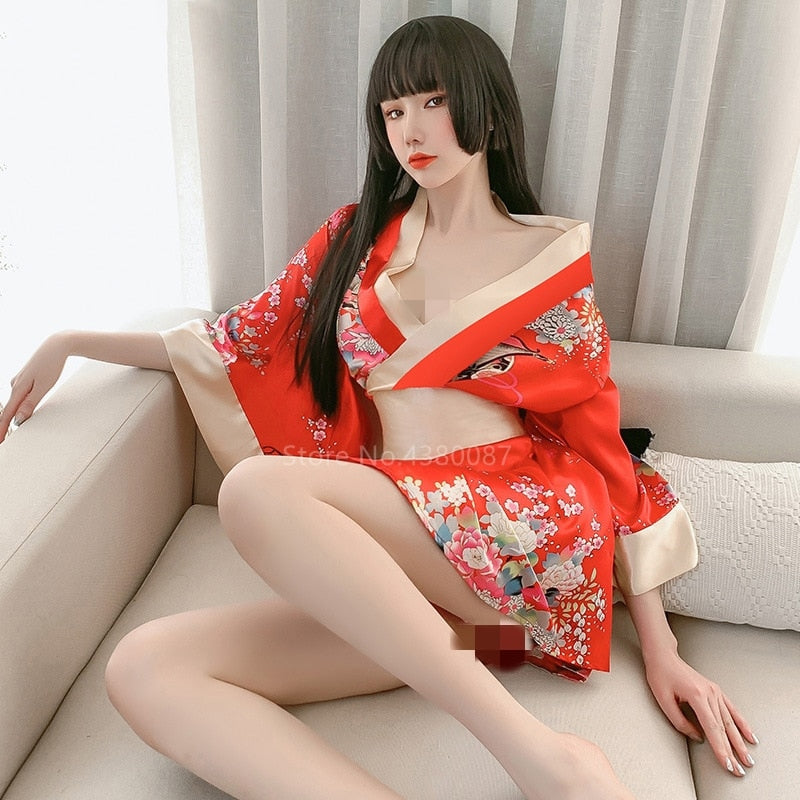 Japanese Kimono Dress for Women Cardigan Sexy Floral Print Yukata Asian Obi Sleepwear Traditional Geisha Robe Vintage Clothes