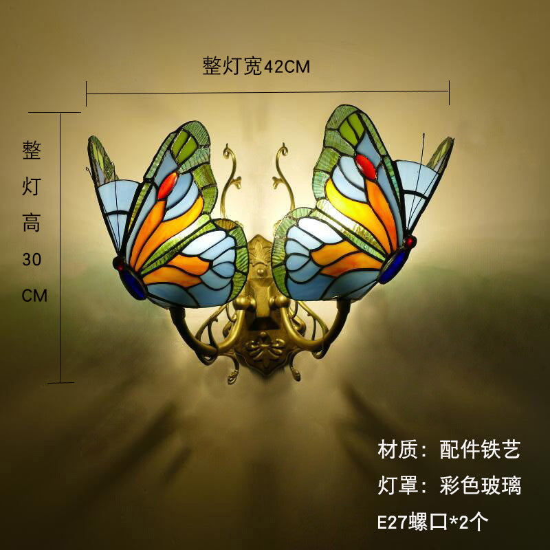European and American Style Butterfly Corridor Wall Lamp, Colorful Glass Creative Lighting, Bedroom Bedside Corridor, European Countryside Bar Wall Lamp