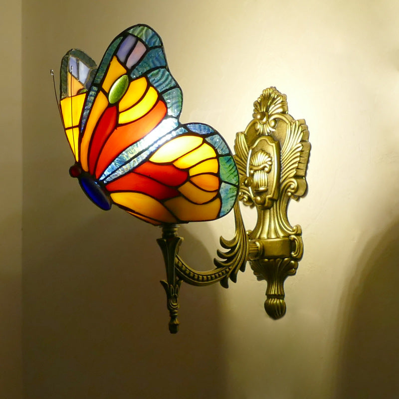 European and American Style Butterfly Corridor Wall Lamp, Colorful Glass Creative Lighting, Bedroom Bedside Corridor, European Countryside Bar Wall Lamp