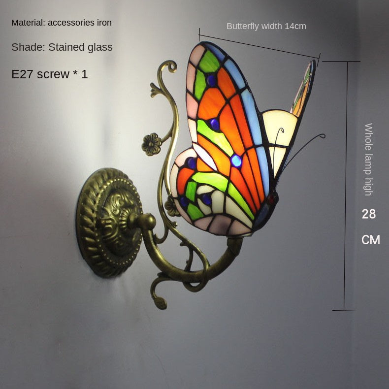 European and American Style Butterfly Corridor Wall Lamp, Colorful Glass Creative Lighting, Bedroom Bedside Corridor, European Countryside Bar Wall Lamp