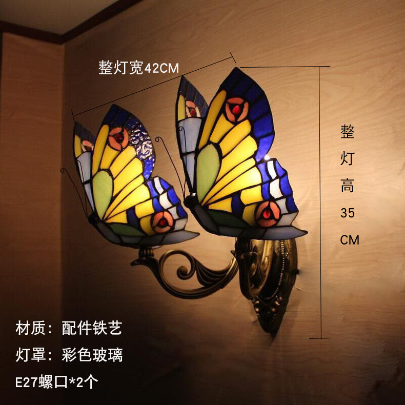 European and American Style Butterfly Corridor Wall Lamp, Colorful Glass Creative Lighting, Bedroom Bedside Corridor, European Countryside Bar Wall Lamp
