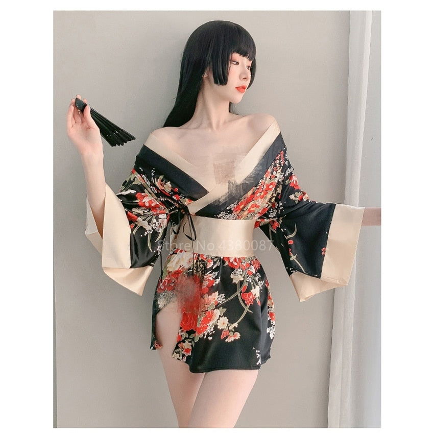 Japanese Kimono Dress for Women Cardigan Sexy Floral Print Yukata Asian Obi Sleepwear Traditional Geisha Robe Vintage Clothes