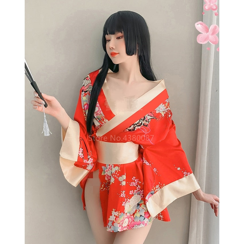 Japanese Kimono Dress for Women Cardigan Sexy Floral Print Yukata Asian Obi Sleepwear Traditional Geisha Robe Vintage Clothes