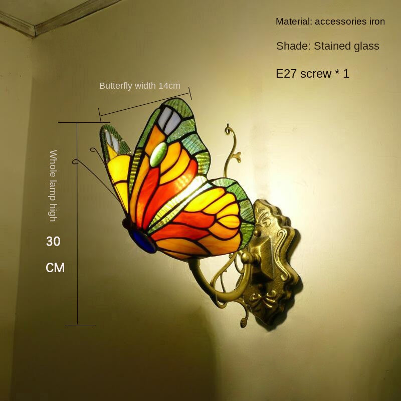 European and American Style Butterfly Corridor Wall Lamp, Colorful Glass Creative Lighting, Bedroom Bedside Corridor, European Countryside Bar Wall Lamp