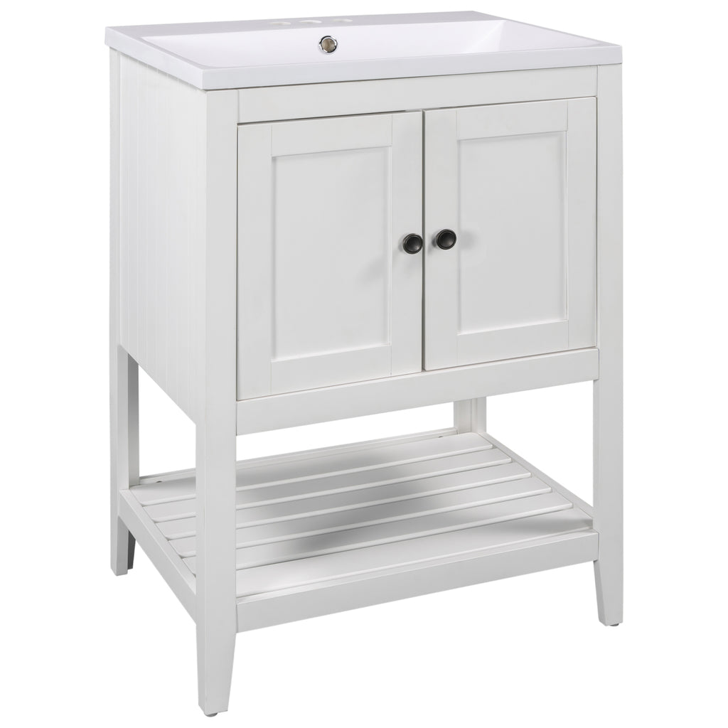 24" White Modern Sleek Bathroom Vanity Elegant Ceramic Sink with Solid Wood Frame Open Style Shelf