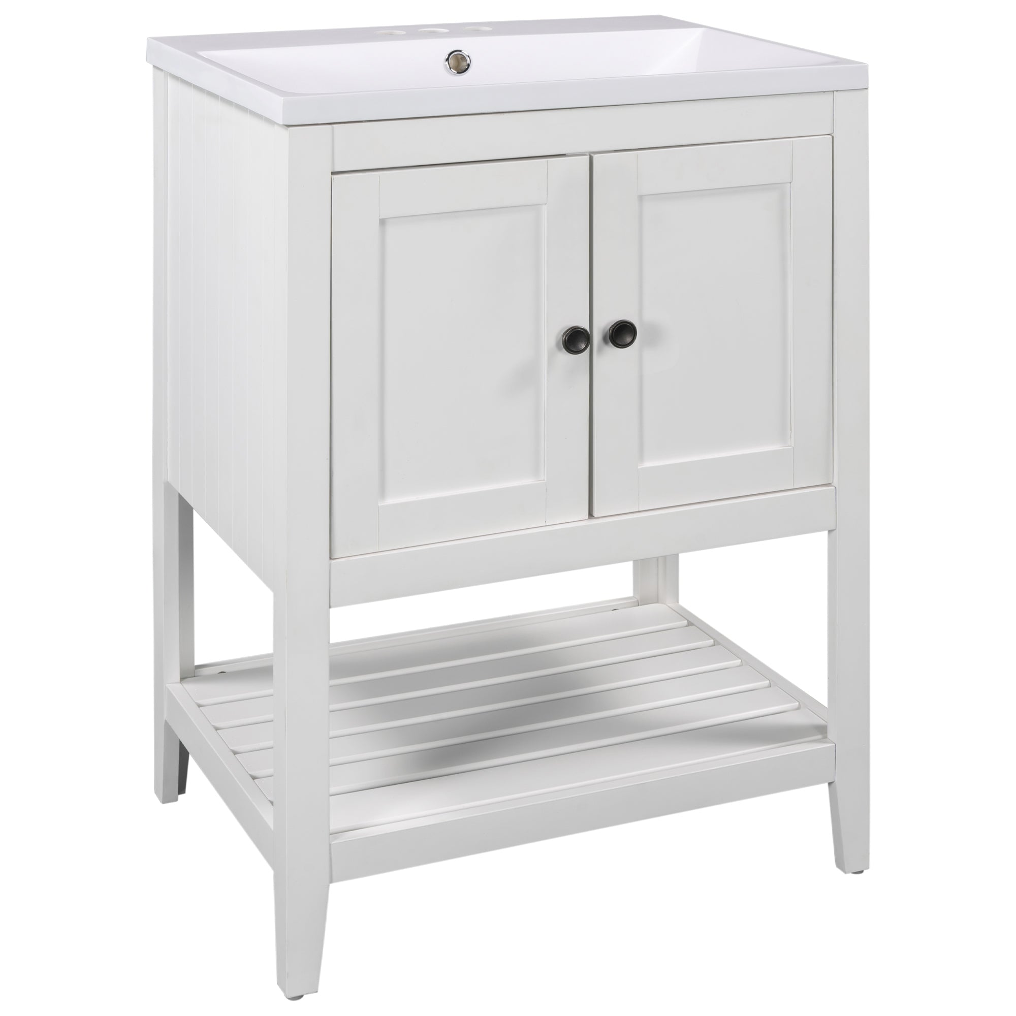 24" White Modern Sleek Bathroom Vanity Elegant Ceramic Sink with Solid Wood Frame Open Style Shelf