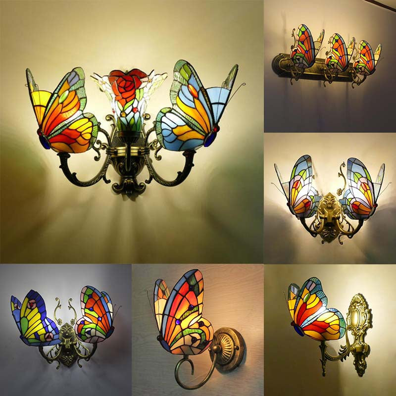 European and American Style Butterfly Corridor Wall Lamp, Colorful Glass Creative Lighting, Bedroom Bedside Corridor, European Countryside Bar Wall Lamp