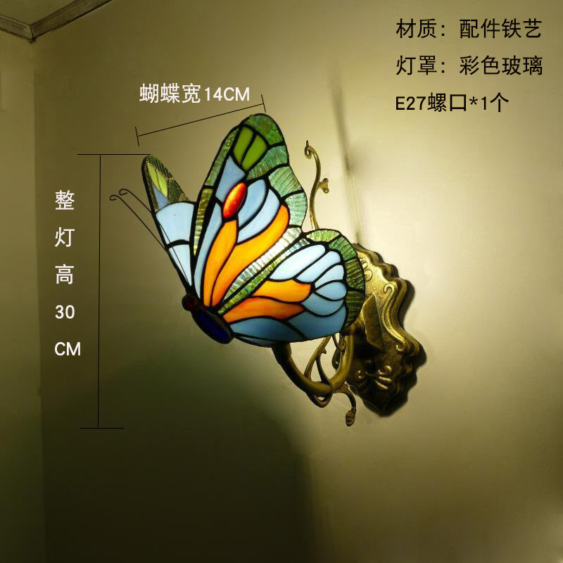 European and American Style Butterfly Corridor Wall Lamp, Colorful Glass Creative Lighting, Bedroom Bedside Corridor, European Countryside Bar Wall Lamp